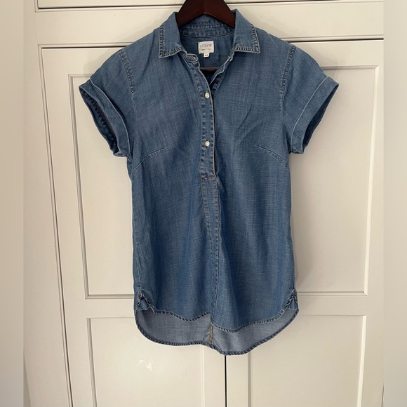 J.Crew Short Sleeve Popover Blue Button Placket Top Size XS lyocell linen cotton - Picture 2 of 7